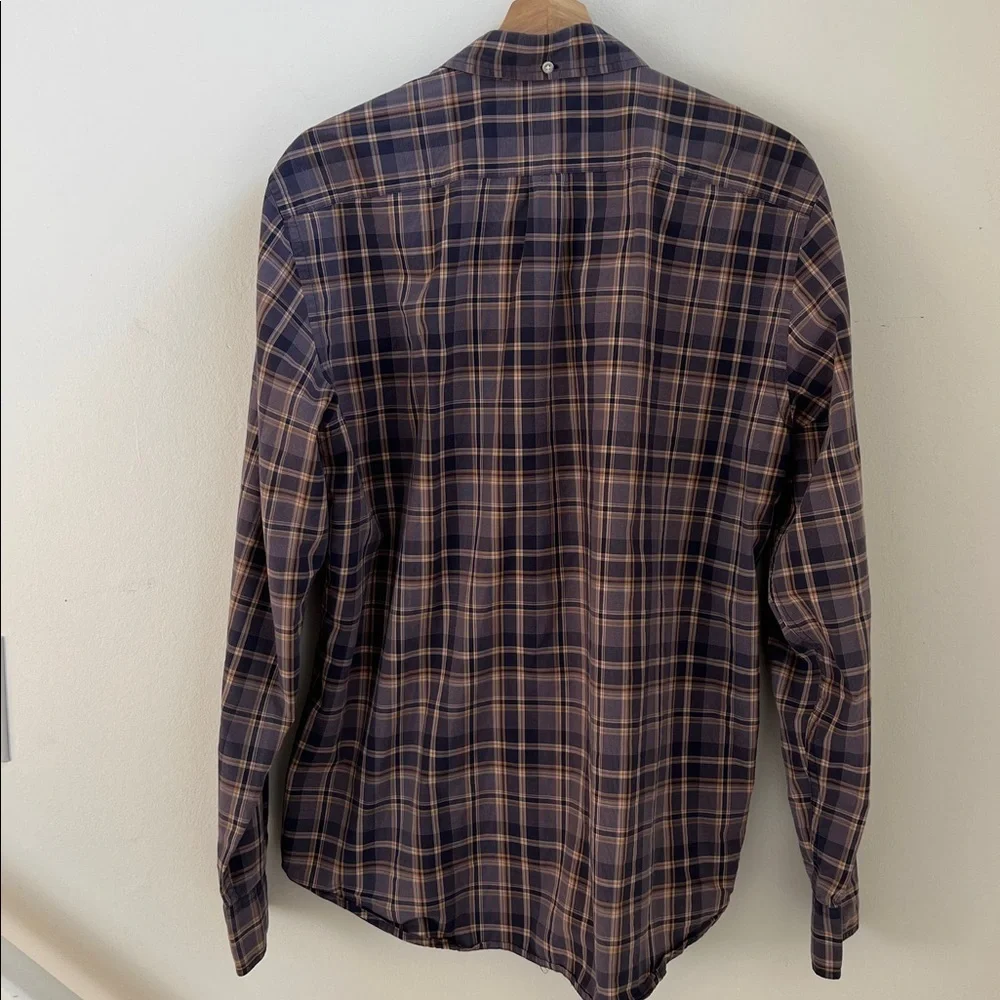 J. Crew Navy and Tan Plaid Casual Shirt Large
